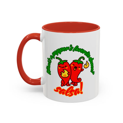 "What's a Pepper's Favorite Dance? Salsa." Accent Coffee Mug – Funny Dance Pun Ceramic Mug for Dancers and Food Lovers