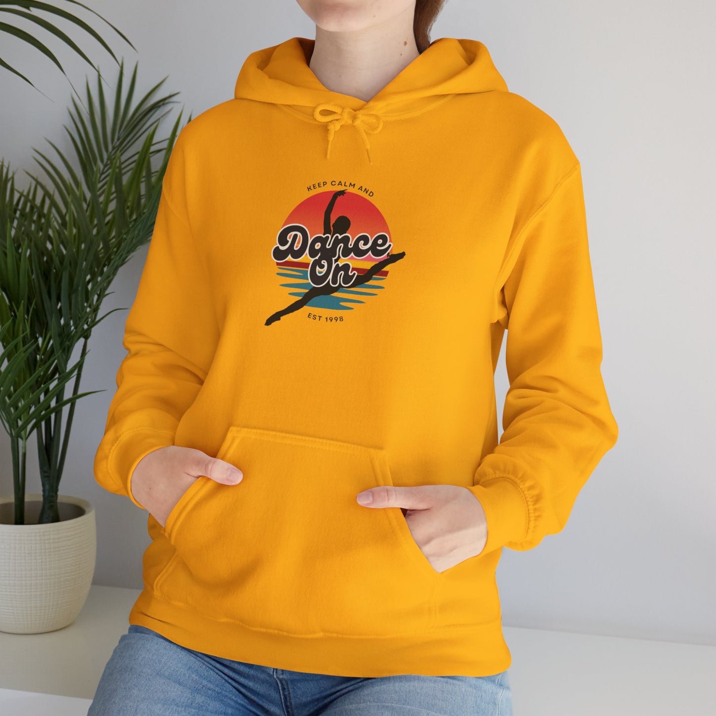 “Keep Calm and Dance On” Retro Hoodie – Unisex Dance-Inspired Hooded Sweatshirt for Dancers & Movement Lovers