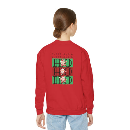 “5-eee and a 6-eee and a Ho, Ho, Ho” YOUTH SWEATSHIRT Crewneck with Playful Dancing Santa Front & Back – Festive Christmas Dance Sweatshirt for Dancers & Studios