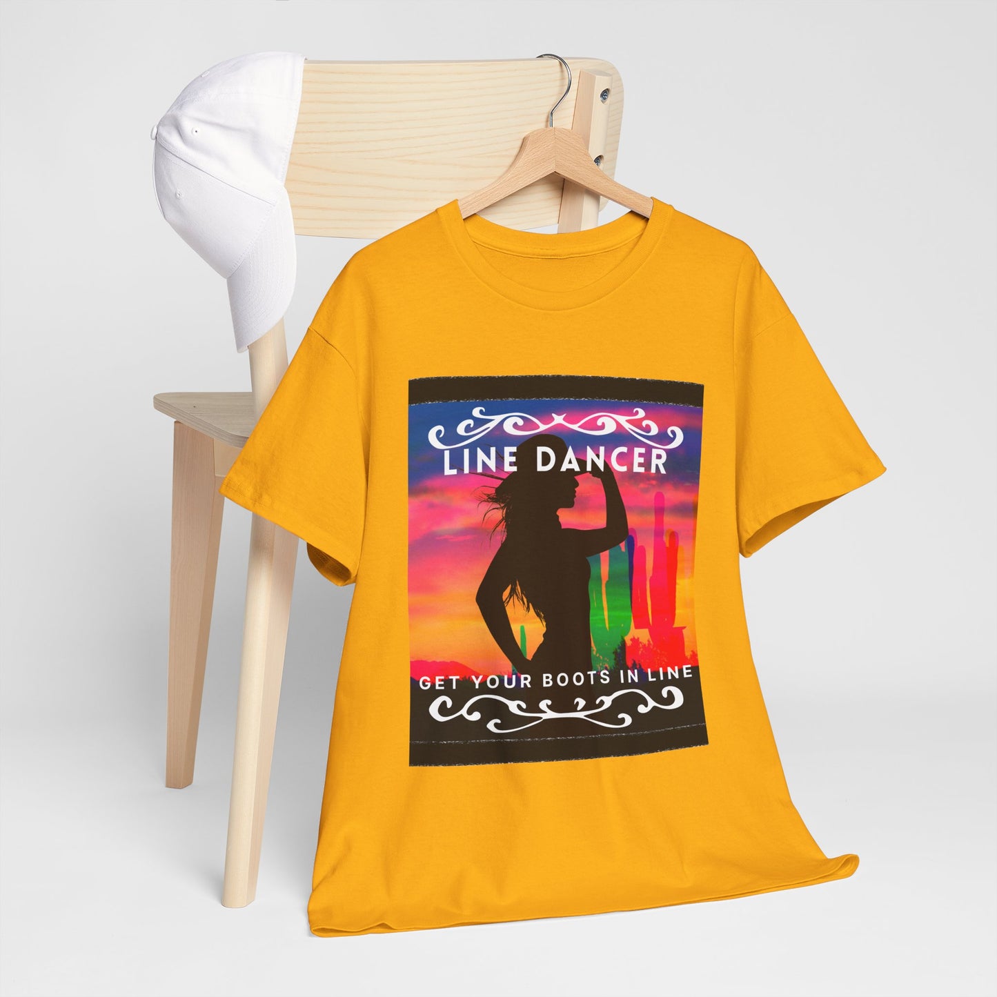 "Line Dancer" Unisex Heavy Cotton T-Shirt – Western Country Dance Graphic Tee – 'Get Your Boots in Line' Cowboy-Inspired Shirt