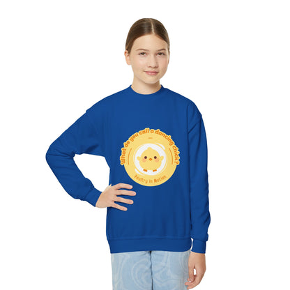"What do you call a dancing chick? Poultry in Motion." – Funny Dance Pun Youth Crewneck Sweatshirt | Cute Dancing Chicken Kids Pullover