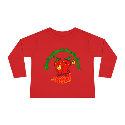 "What Is a Pepper's Favorite Dance? Salsa!" Toddler Dance T-Shirt – Cute Pepper Pun Graphic Long Sleeve Tee for Kids
