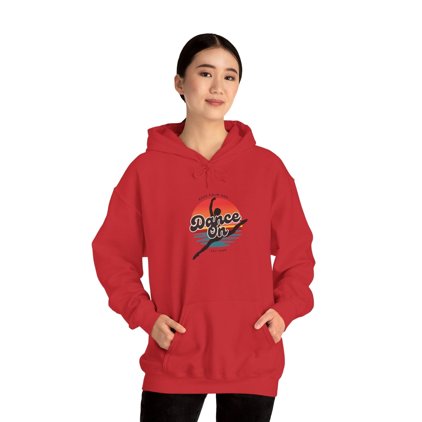 “Keep Calm and Dance On” Retro Hoodie – Unisex Dance-Inspired Hooded Sweatshirt for Dancers & Movement Lovers