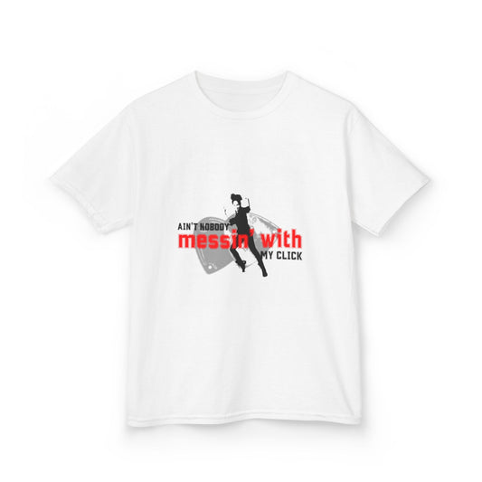 "Ain’t Nobody Messin’ With My Click" – Youth Short Sleeve Dance Tee with Tap Shoes & Tap Dancer Graphic