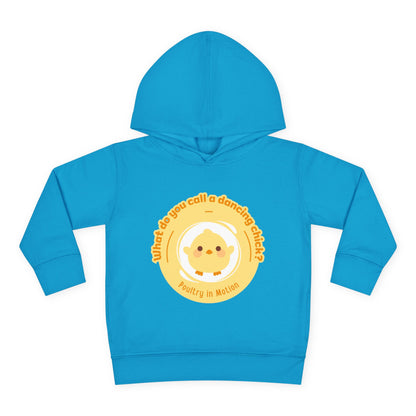 "What do you call a dancing chick? Poultry in Motion." Toddler Pullover Hoodie – Funny Dancing Chicken Pun Graphic Fleece Sweatshirt for Kids