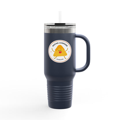 "Nacho Average Dancer" 40oz Insulated Travel Mug – Cute Kawaii Nacho Graphic Dance Tumbler for On-the-Go Hydration