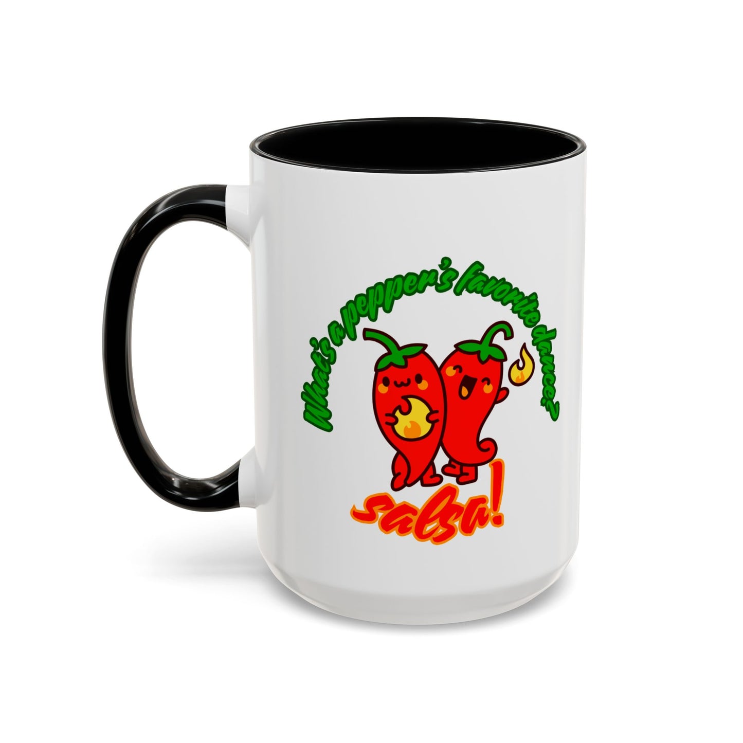 "What's a Pepper's Favorite Dance? Salsa." Accent Coffee Mug – Funny Dance Pun Ceramic Mug for Dancers and Food Lovers