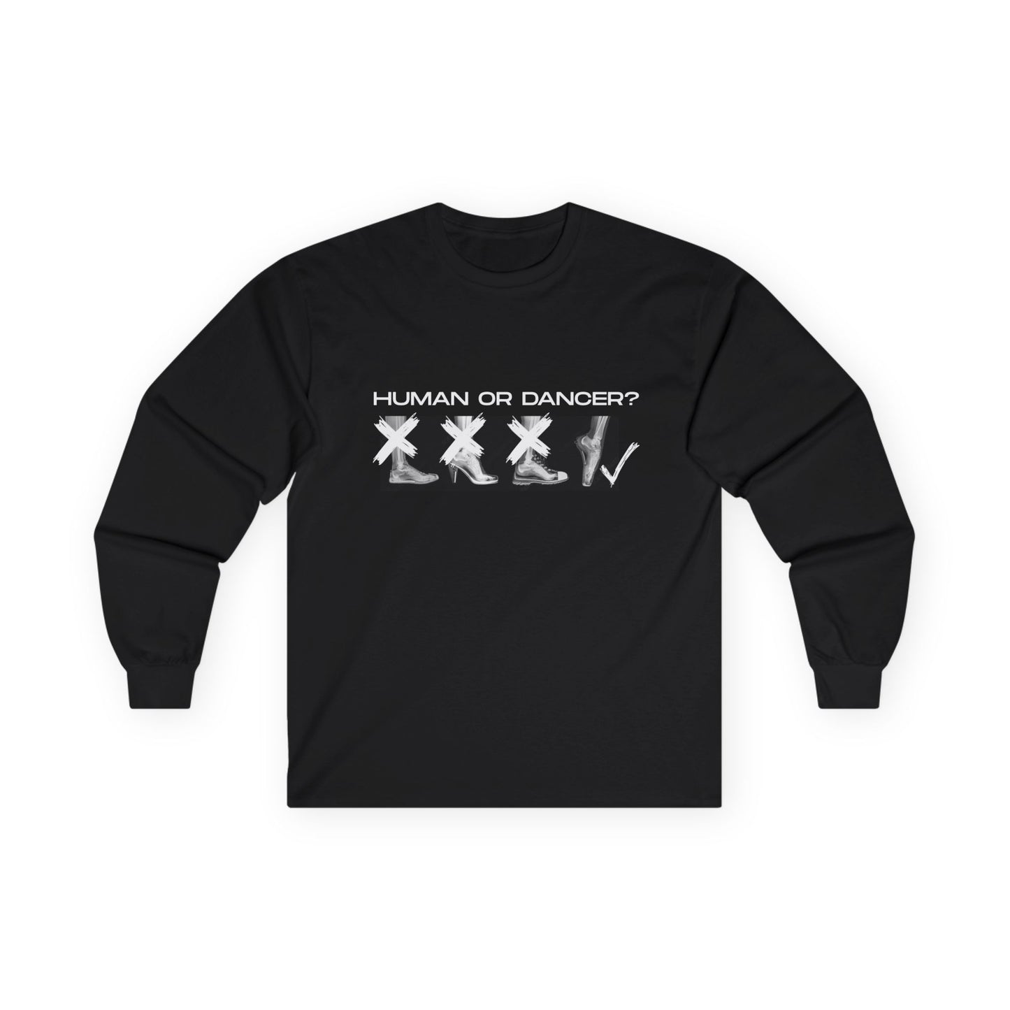 “Human or Dancer” Unisex Long Sleeve Tee – Cute X-Ray Pointe Shoe Graphic Ballet Shirt with Regular vs. Dancer Feet + Optional Name or Studio Personalization