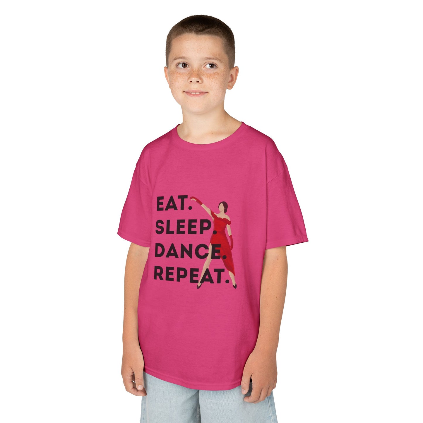 "Eat Sleep Dance Repeat” Youth Short Sleeve Tee – Bold Dancer Graphic Dance Shirt for Kids and Young Performers