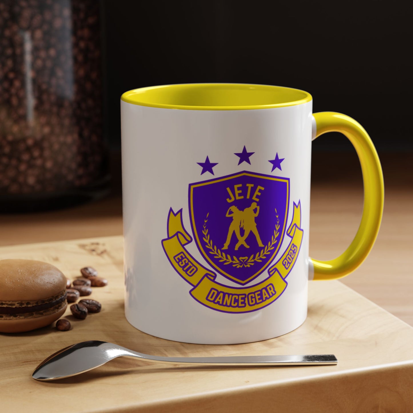 "Jeté Dance Gear Estd 2025" Accent Coffee Mug – Collegiate Style Ceramic Mug for Dancers and Studio Pride