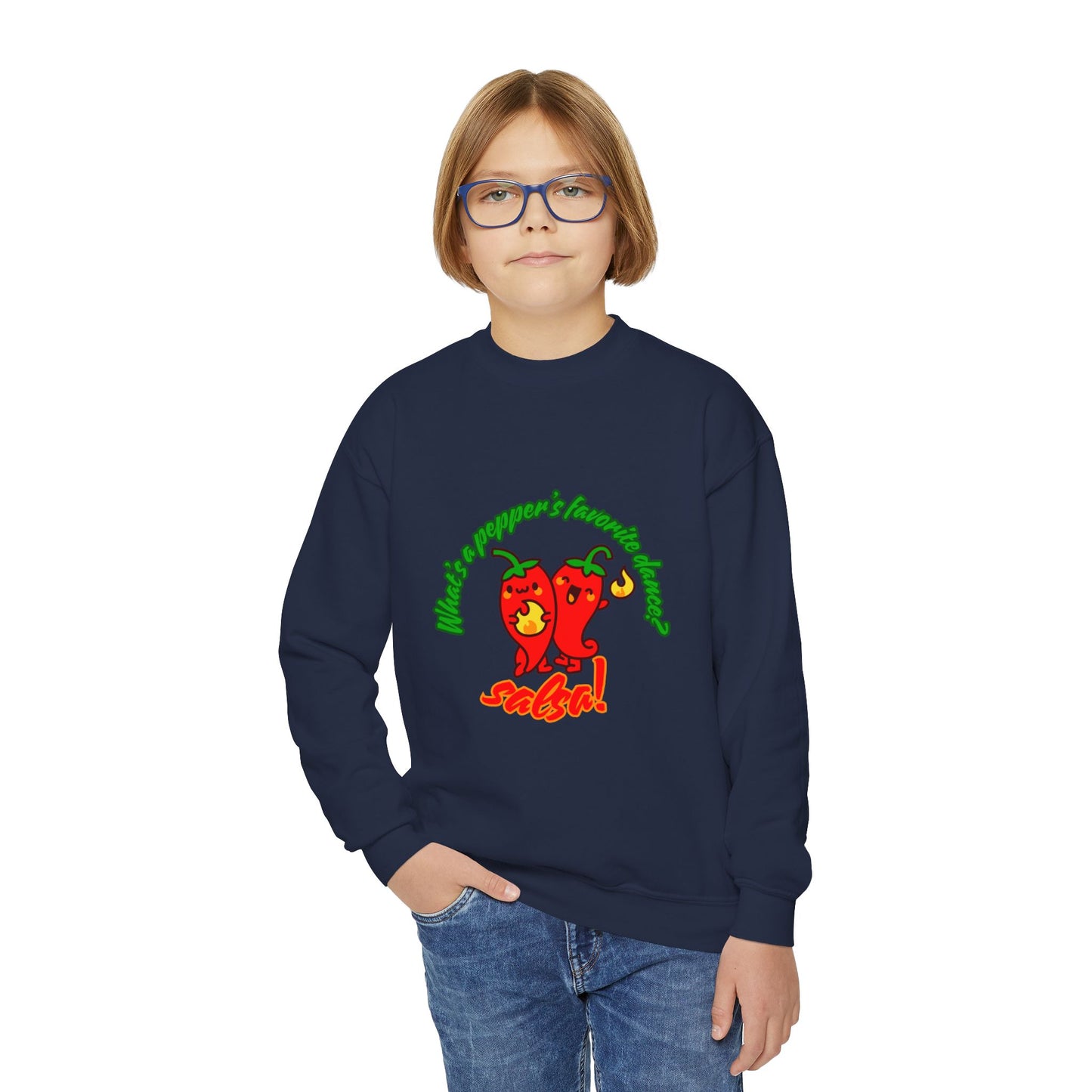 "What's a pepper's favorite dance?  Salsa!" – Funny Dance Pun Youth Crewneck Sweatshirt | Cute Pepper Graphic Kids Pullover for Dancers