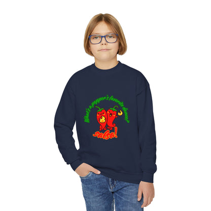 "What's a pepper's favorite dance?  Salsa!" – Funny Dance Pun Youth Crewneck Sweatshirt | Cute Pepper Graphic Kids Pullover for Dancers