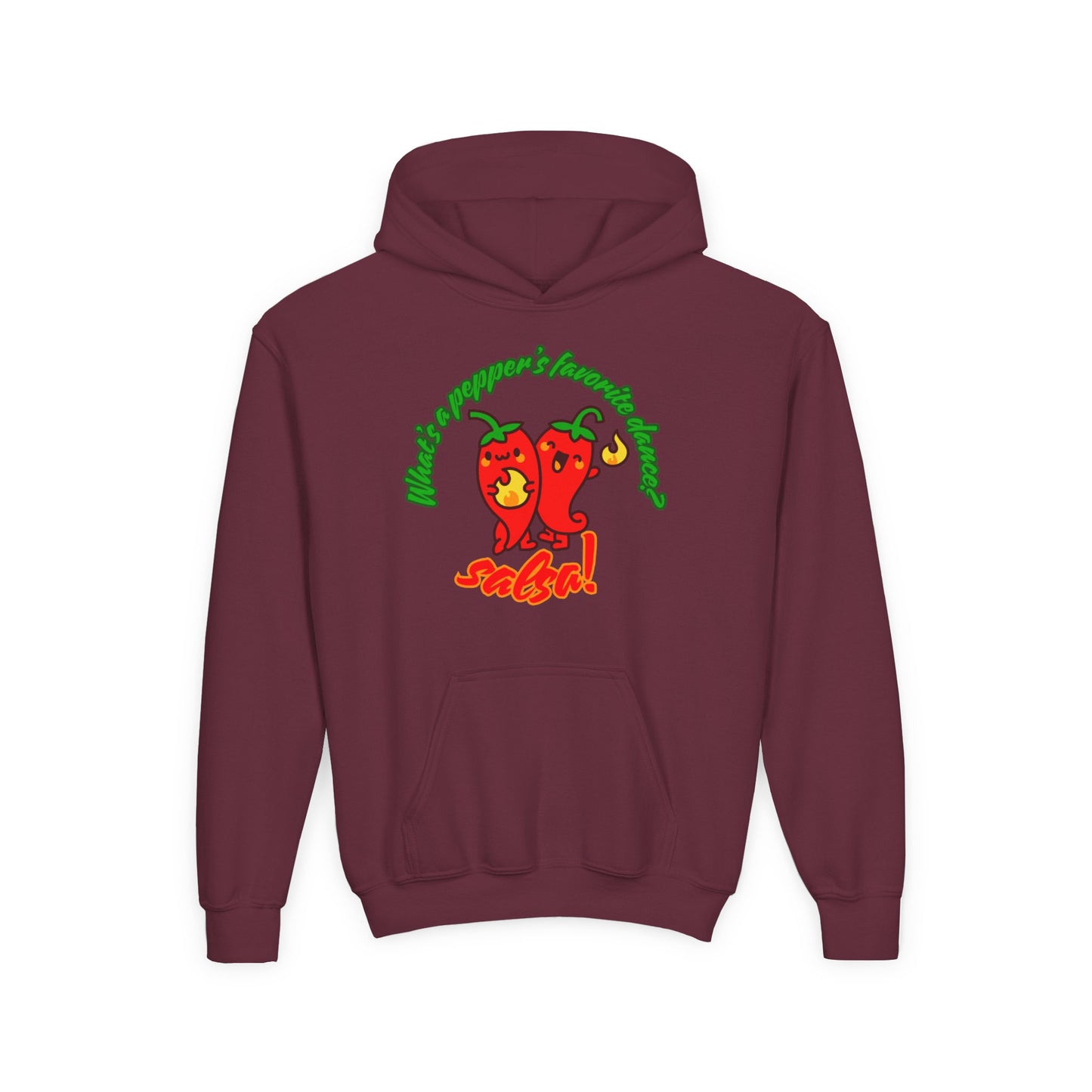 "What’s a Pepper’s Favorite Dance? Salsa!" Youth Hooded Sweatshirt – Funny Dance Pun Pepper Graphic Hoodie for Kids and Teens