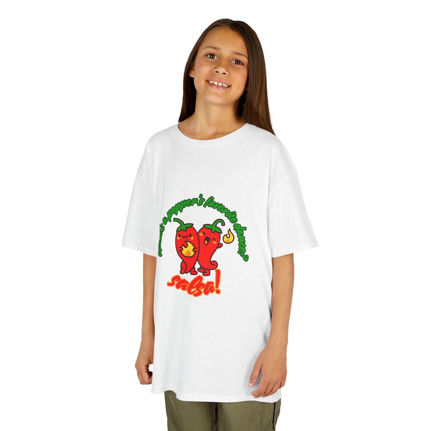 "What’s a Pepper’s Favorite Dance? Salsa!" Youth Short Sleeve Tee – Funny Dance Shirt with Cute Pepper Graphic for Kids