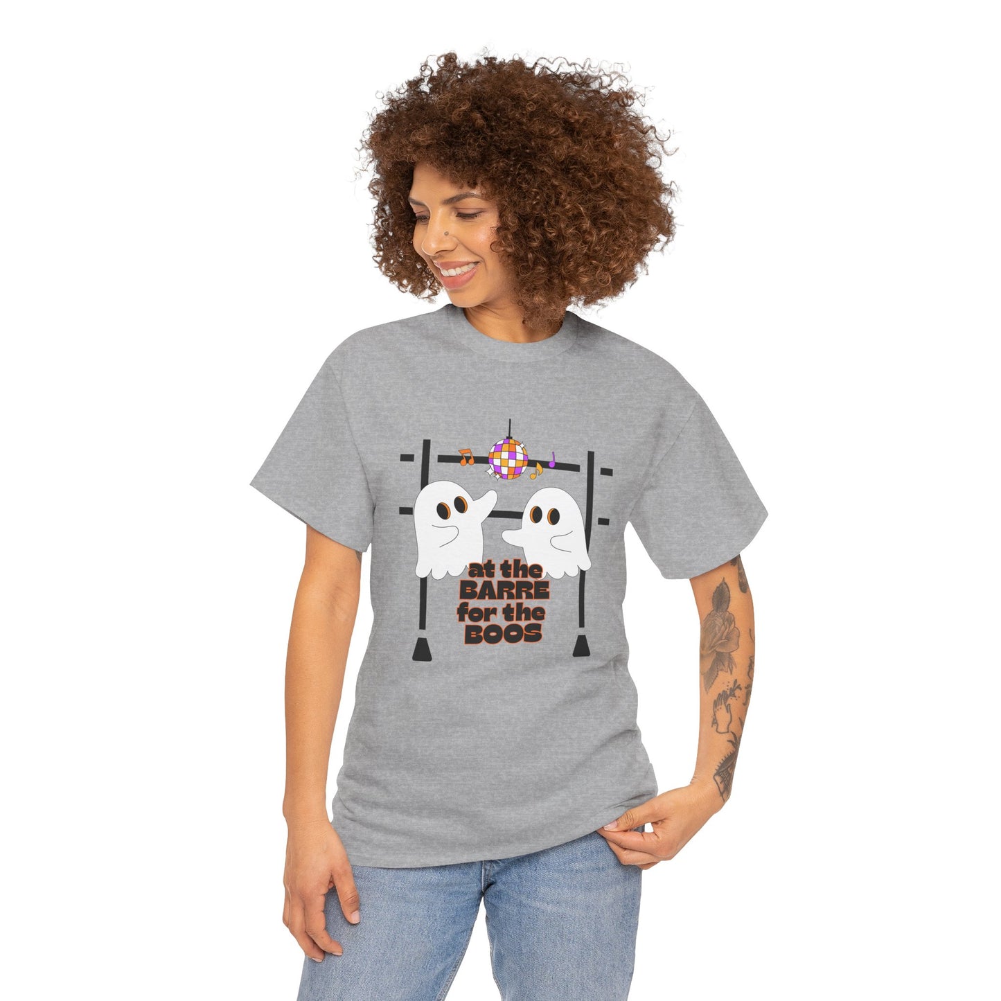 “At the Barre for the Boos” Dance Halloween T-Shirt with Cute Ghost Ballet Graphics - Unisex Heavy Cotton Tee