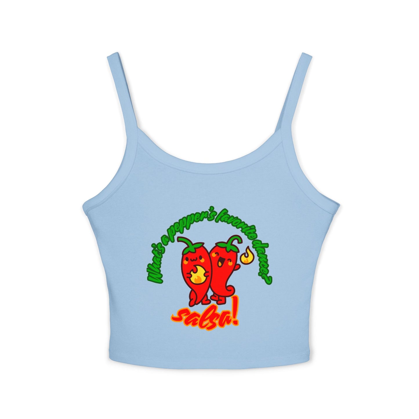 "What’s a Pepper’s Favorite Dance? Salsa!" Women’s Spaghetti Strap Tank Top – Cute Pepper Graphic | Funny Dance Pun Shirt for Dancers & Food Lovers