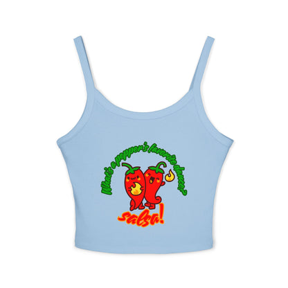 "What’s a Pepper’s Favorite Dance? Salsa!" Women’s Spaghetti Strap Tank Top – Cute Pepper Graphic | Funny Dance Pun Shirt for Dancers & Food Lovers