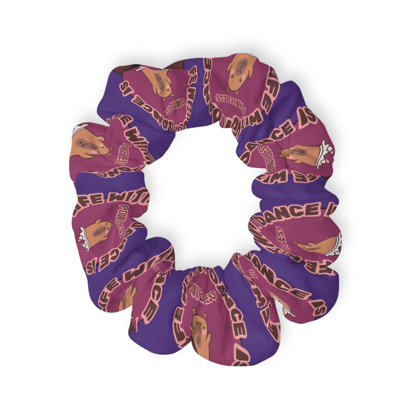 “Life Without Dance Is Pointeless” Scrunchie – Funny Ballet Pun Hair Accessory with Cute Dancing Capybara Graphic