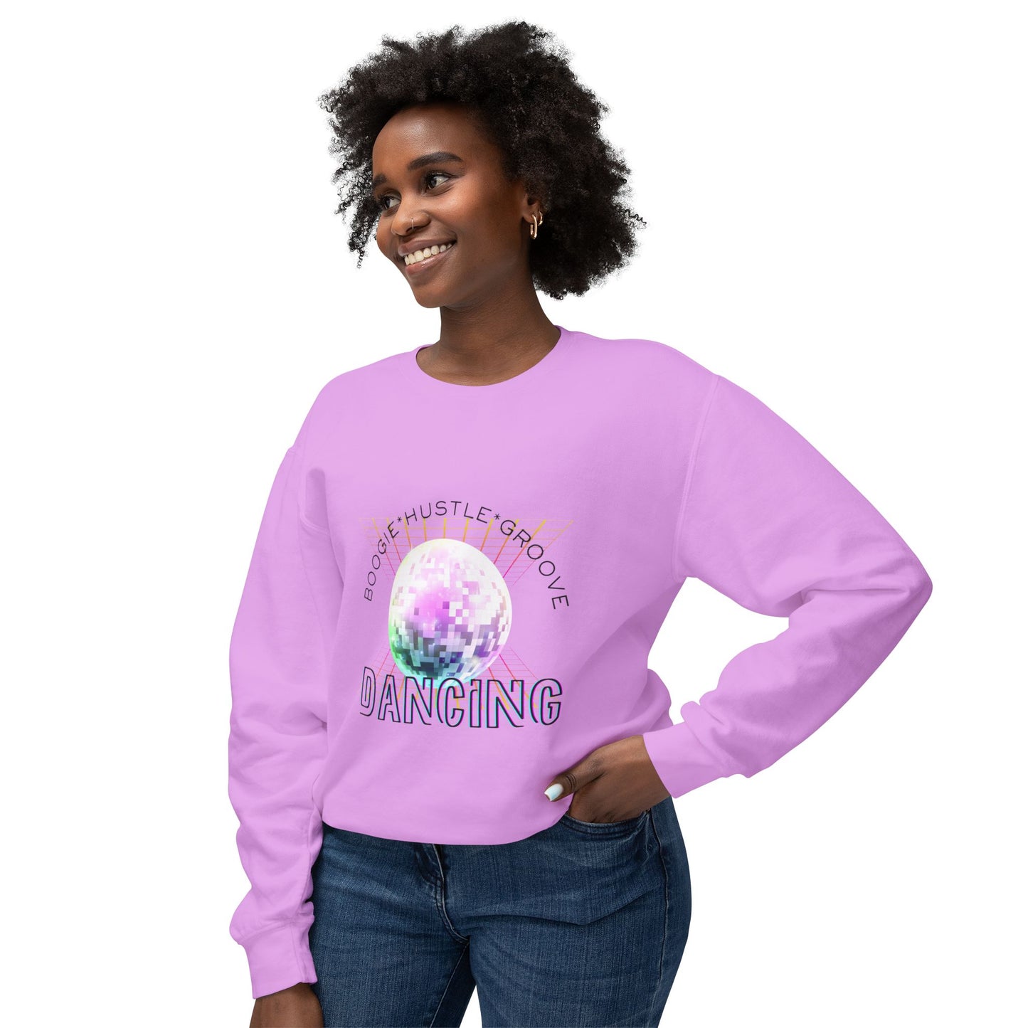 "Boogie, Hustle, Groove - Dancing" Streetwear Dance Graphic – Unisex Lightweight Crewneck Sweatshirt