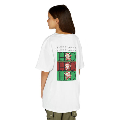 “5-eee and a 6-eee and a Ho, Ho, Ho” YOUTH Short Sleeve Tee with Playful Dancing Santa Front & Back – Festive Christmas Dance Tee for Dancers & Studios