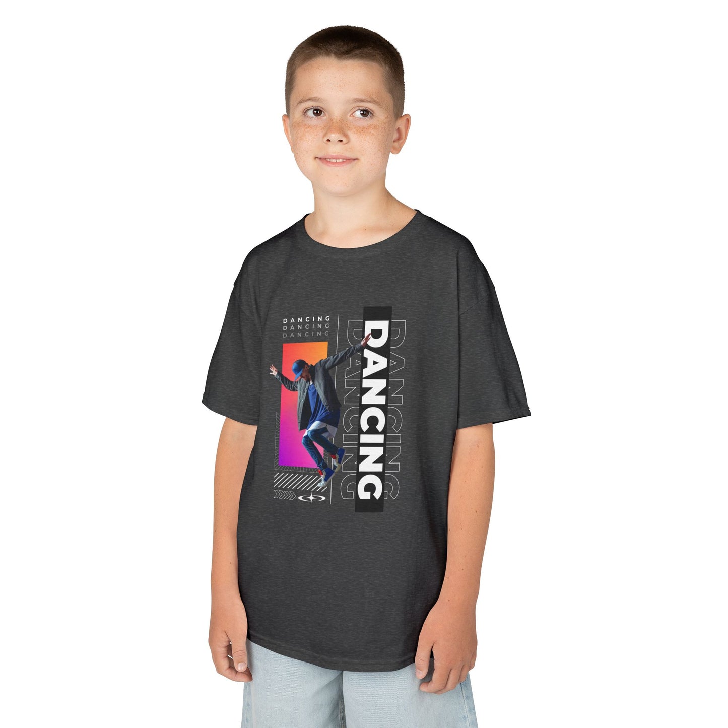 “Dancing” Youth Short Sleeve T-Shirt – Streetwear-Inspired Male Dancer Graphic – Stylish Kids Dance Apparel Tee