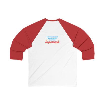 "Dance Mom" Unisex 3/4 Sleeve Baseball Tee – Bold Floral Dancer Graphic Front & Superhero Role List Back | Dance Parent Shirt for Performances and Competitions