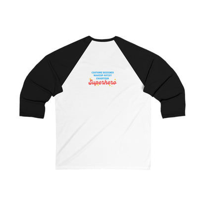 "Dance Mom" Unisex 3/4 Sleeve Baseball Tee – Bold Floral Dancer Graphic Front & Superhero Role List Back | Dance Parent Shirt for Performances and Competitions