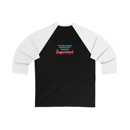 "Dance Mom" Unisex 3/4 Sleeve Baseball Tee – Bold Floral Dancer Graphic Front & Superhero Role List Back | Dance Parent Shirt for Performances and Competitions