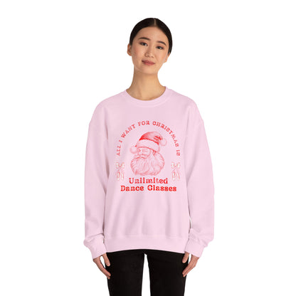 “All I Want for Christmas Is Unlimited Dance Classes” ADULT SWEATSHIRT Unisex Heavy Blend Crewneck with Vintage Santa – Festive Holiday Dance Sweatshirt for Dancers & Studios