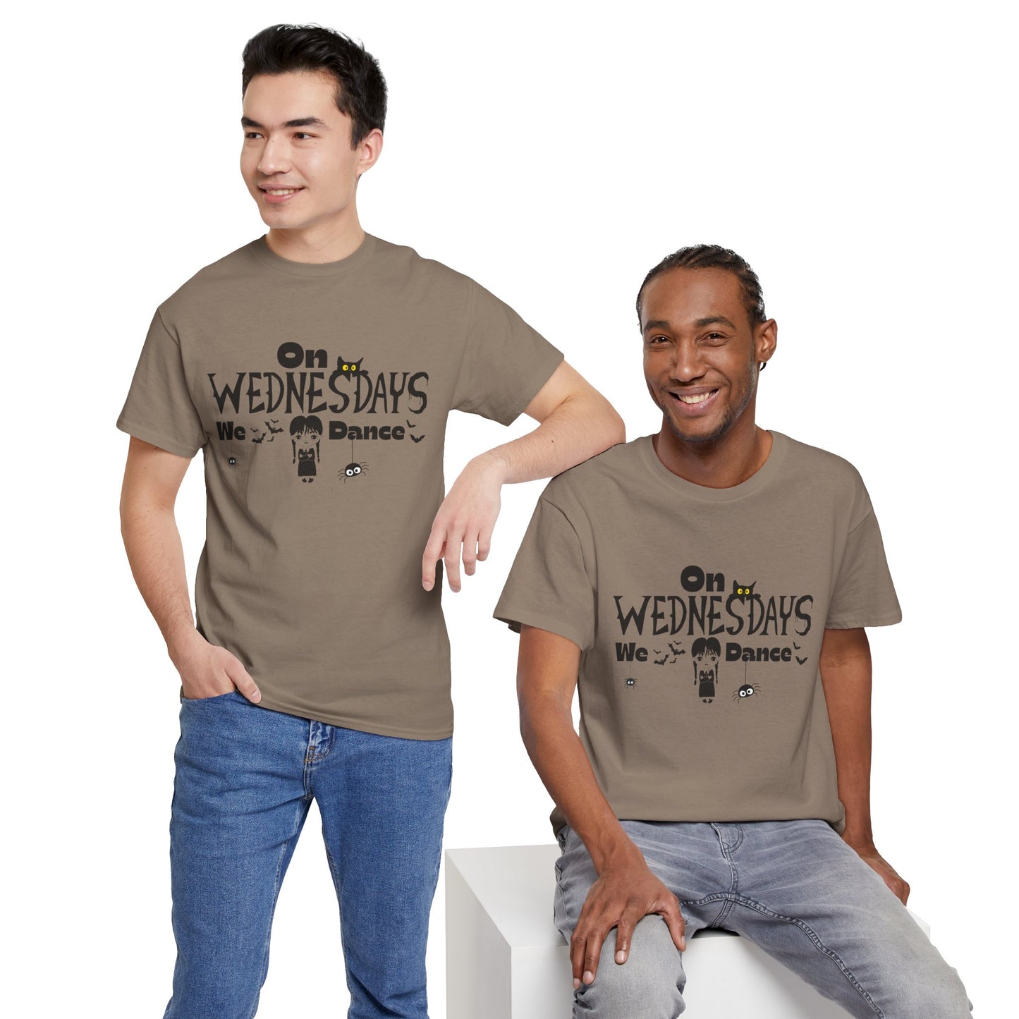 “On Wednesdays We Dance” Gothic Halloween T-Shirt with Cute Girl, Black Cat, Spiders & Bats - Unisex Heavy Cotton Tee