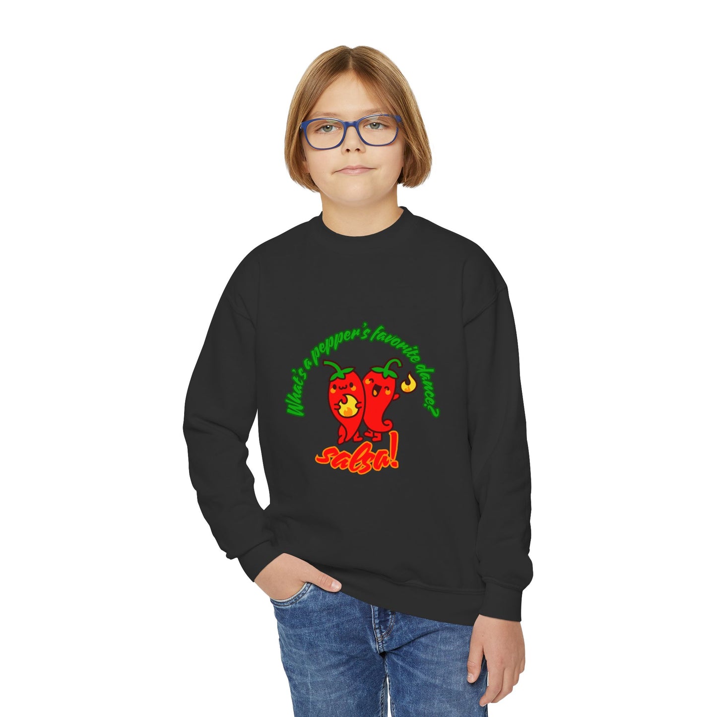 "What's a pepper's favorite dance?  Salsa!" – Funny Dance Pun Youth Crewneck Sweatshirt | Cute Pepper Graphic Kids Pullover for Dancers