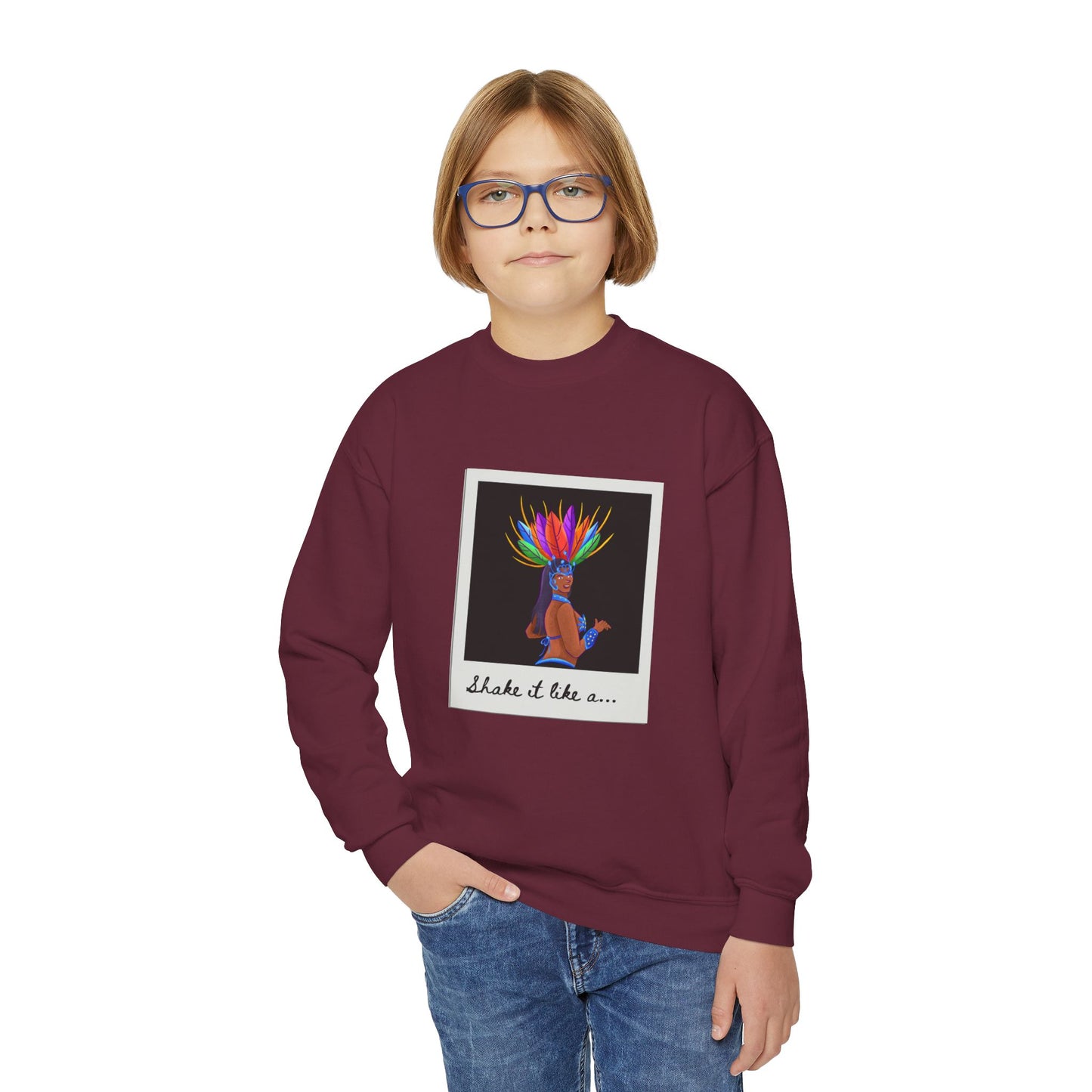 "Shake It Like a..." Youth Crewneck Sweatshirt – Carnival-Inspired Samba Dancer Graphic Pullover for Kids and Teens