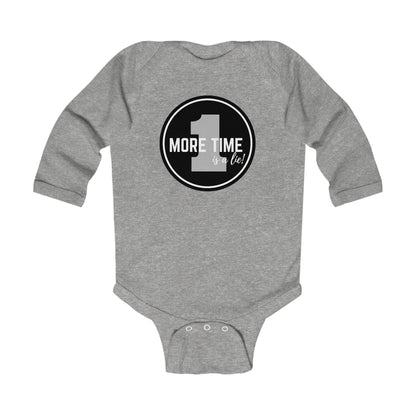 "One More Time is a Lie" Infant Long Sleeve Dance Bodysuit – Bold Emblem Graphic Baby Outfit