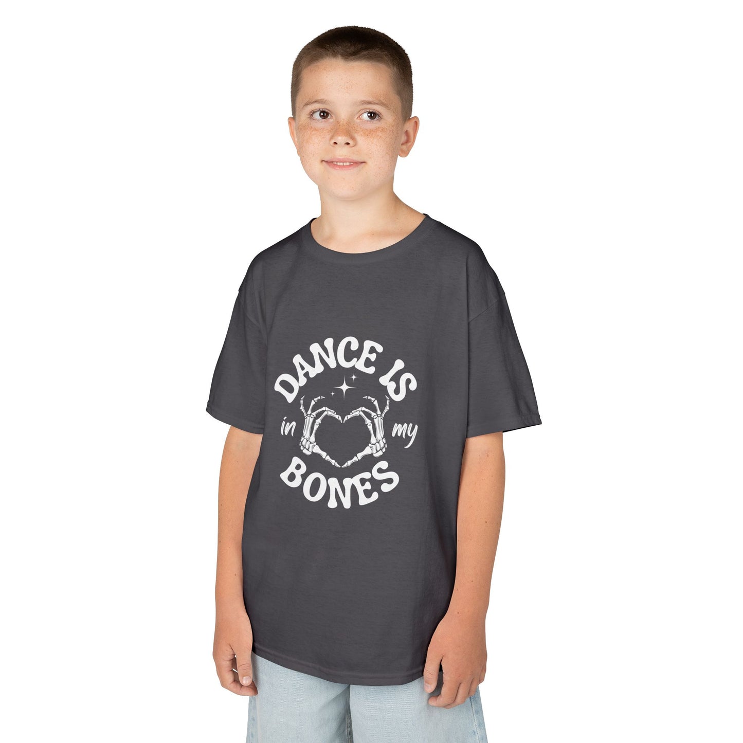 “Dance Is in My Bones” Halloween Dance T-Shirt with Cute Skeleton Heart Graphic - Kids Heavy Cotton™ Tee