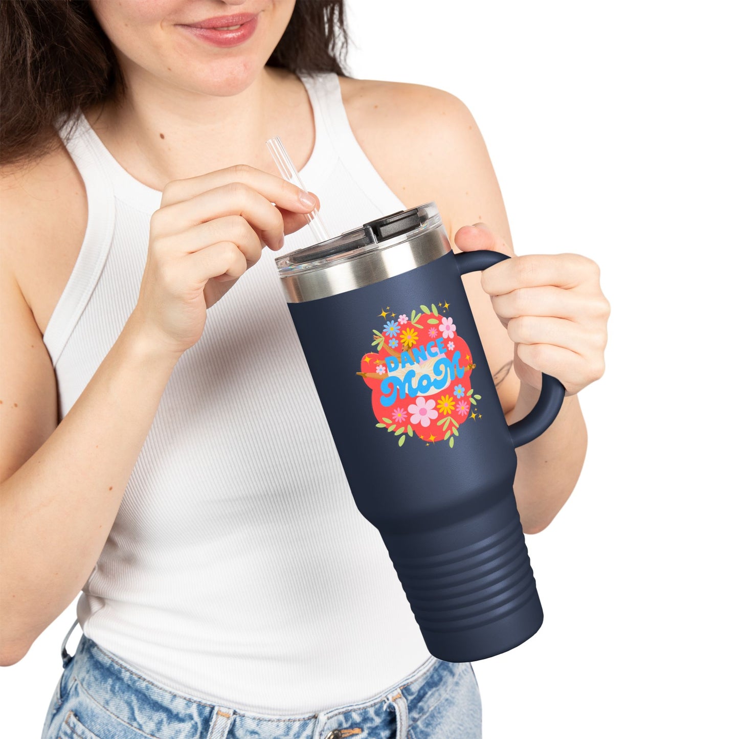 "Dance Mom" 40oz Insulated Travel Mug – Floral Graphic with Costume Designer, Makeup Artist, Chauffeur Text – Funny Dance Mom Gift Tumbler