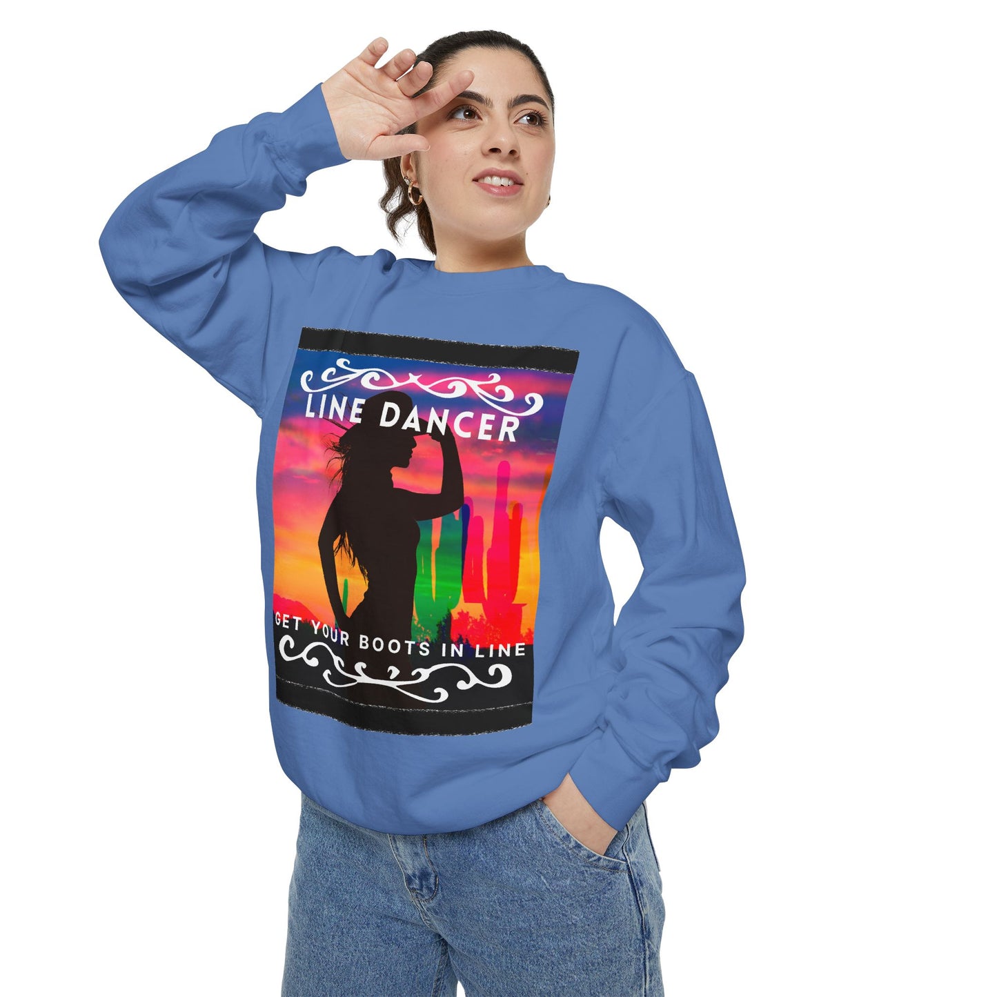 "Line Dancer, Get Your Boots in Line" Unisex Lightweight Crewneck Sweatshirt – Western Dance Graphic Pullover for Country Music & Boot Scootin’ Fans