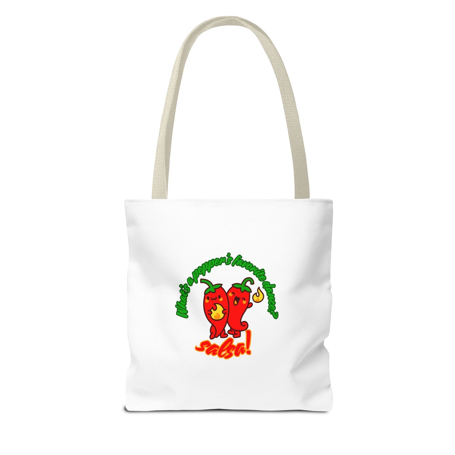 “What’s a Pepper’s Favorite Dance? Salsa!” Salsa Dance Pun Tote Bag – Funny Kawaii Pepper Graphic Canvas Bag for Dancers & Food Lovers