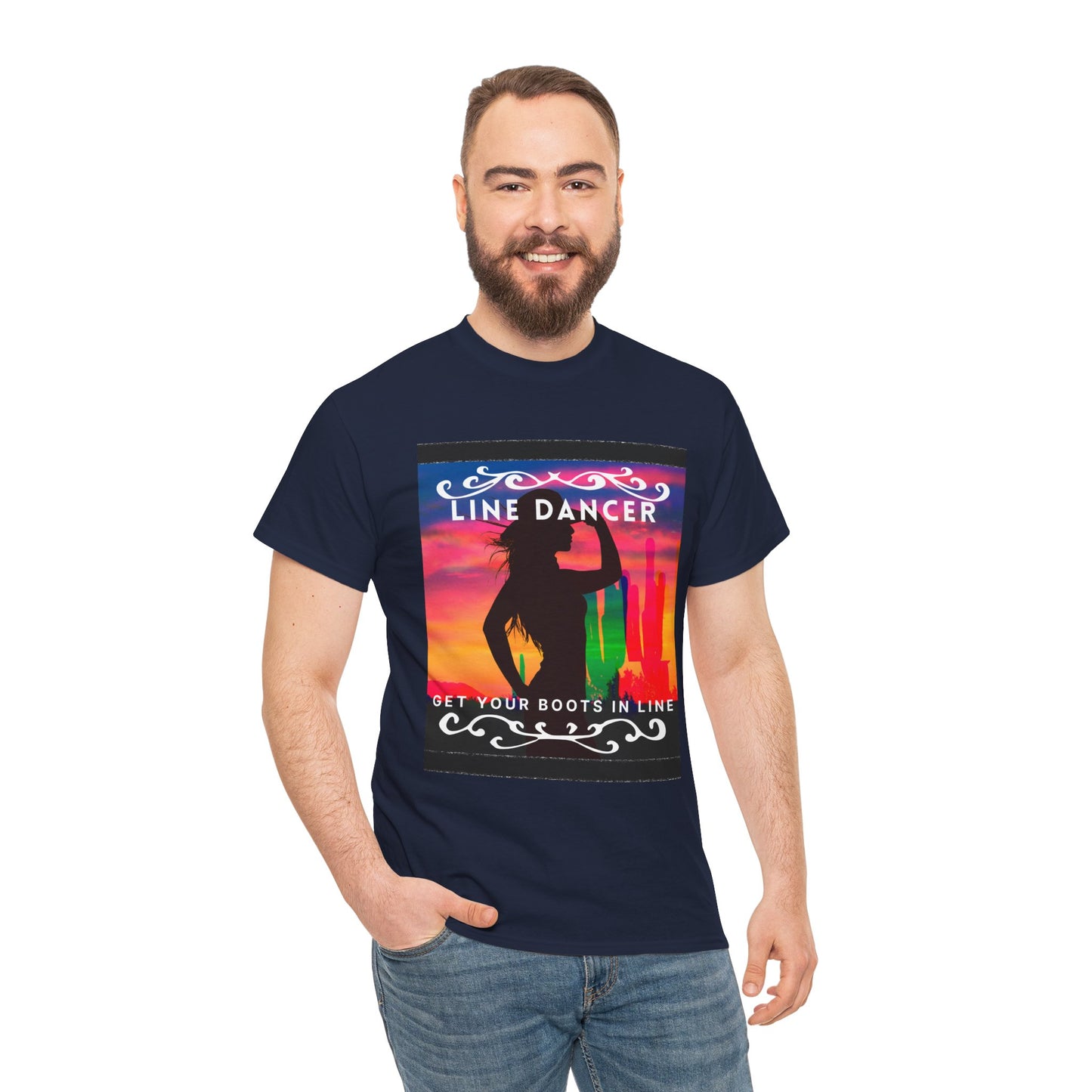 "Line Dancer" Unisex Heavy Cotton T-Shirt – Western Country Dance Graphic Tee – 'Get Your Boots in Line' Cowboy-Inspired Shirt