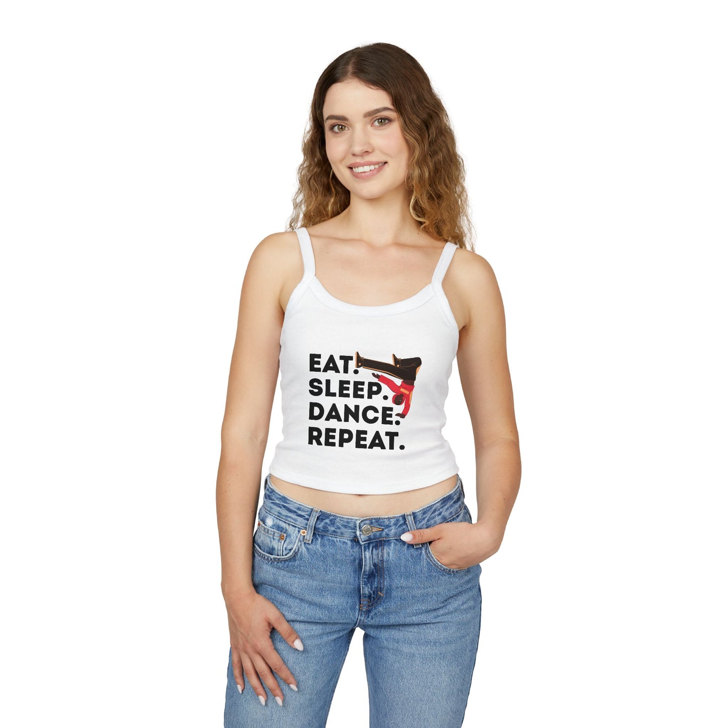 "Eat Sleep Dance Repeat" Women's Spaghetti Strap Dance Tank Top – Bold B-Boy Graphic Streetwear Style