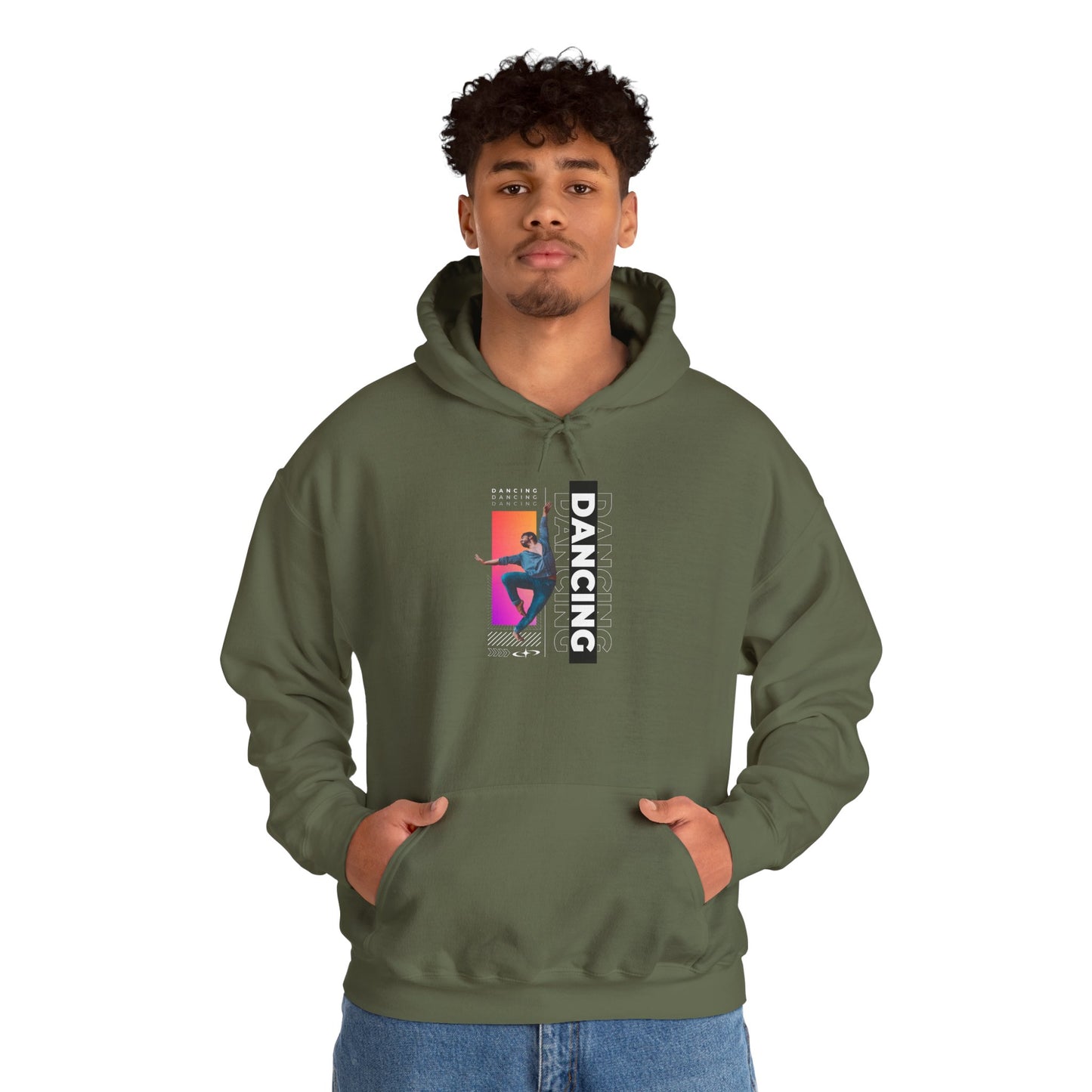 “Dancing” Text with Streetwear-Style Male Dancer Graphic – Unisex Heavy Blend™ Hooded Sweatshirt – Cozy Dance Hoodie for Performers & Dance Enthusiasts