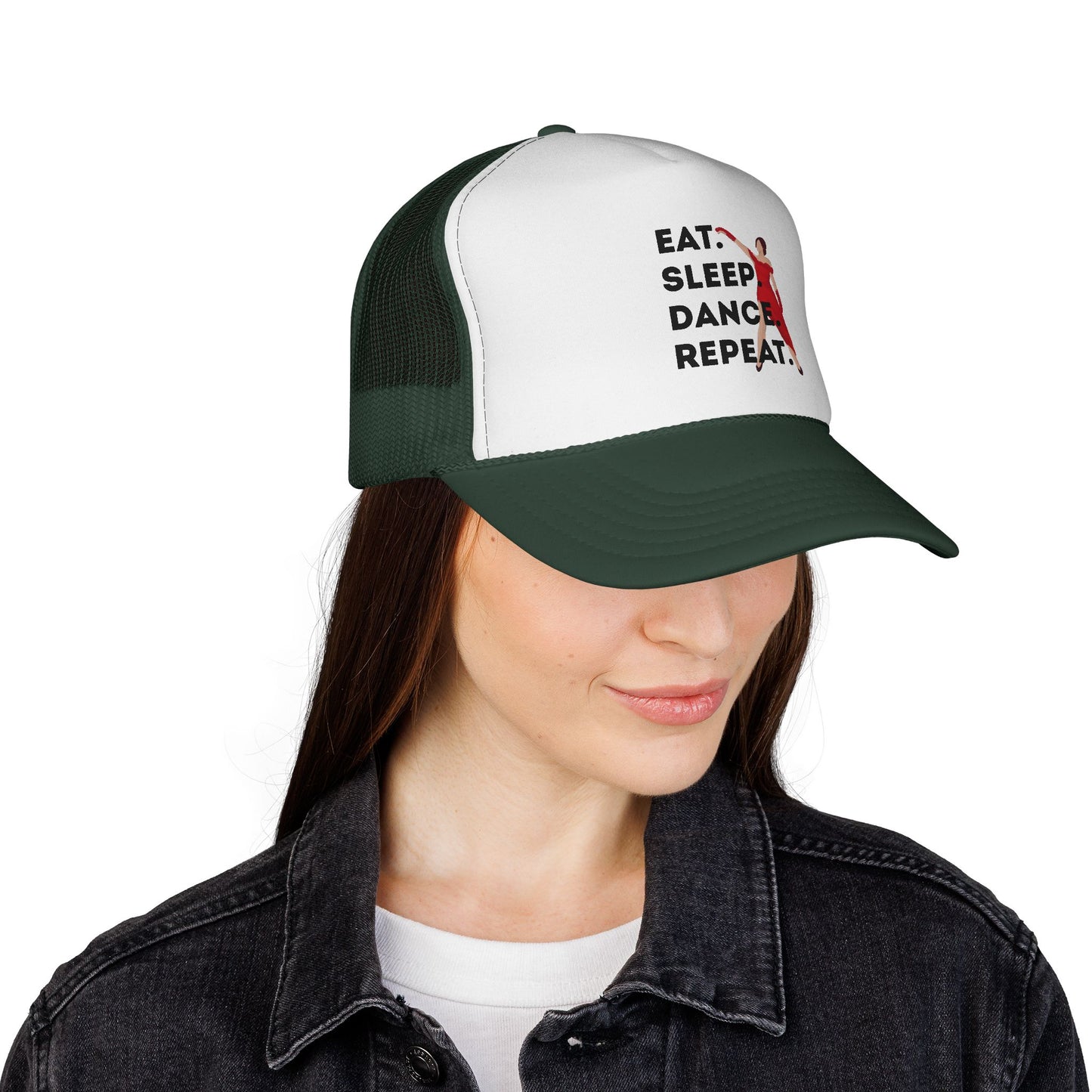 "Eat Sleep Dance Repeat" Trucker Hat – Bold Dancer Graphic Unisex Mesh Cap for Dance Lovers | Dance-Themed Hat