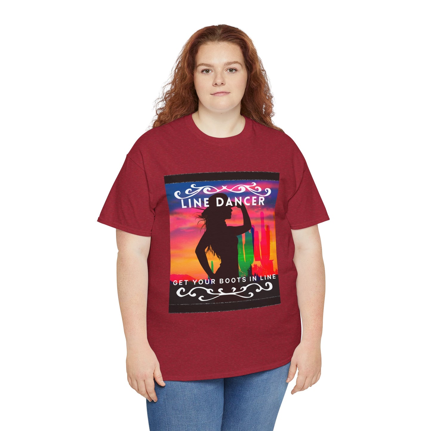 "Line Dancer" Unisex Heavy Cotton T-Shirt – Western Country Dance Graphic Tee – 'Get Your Boots in Line' Cowboy-Inspired Shirt