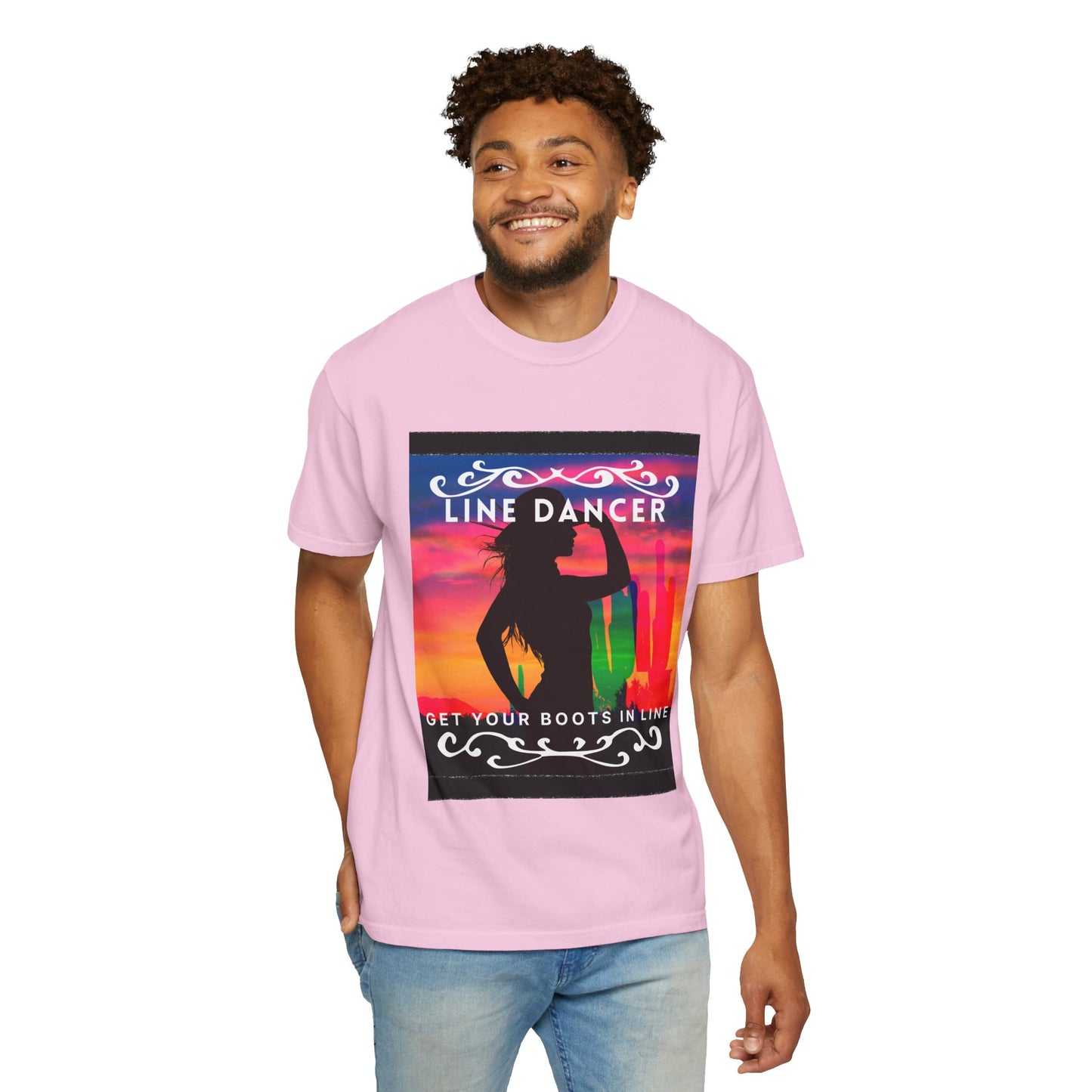 "Line Dancer" Unisex Garment-Dyed T-Shirt – Western Country Dance Graphic Tee – 'Get Your Boots in Line' Cowboy-Inspired Shirt