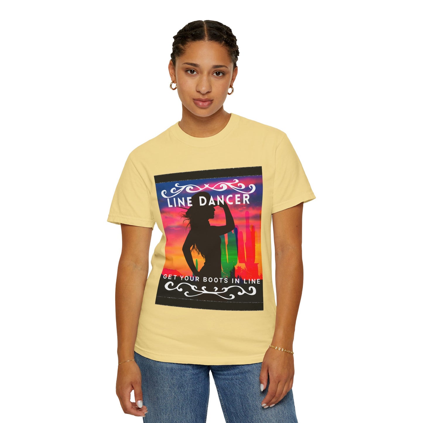 "Line Dancer" Unisex Garment-Dyed T-Shirt – Western Country Dance Graphic Tee – 'Get Your Boots in Line' Cowboy-Inspired Shirt