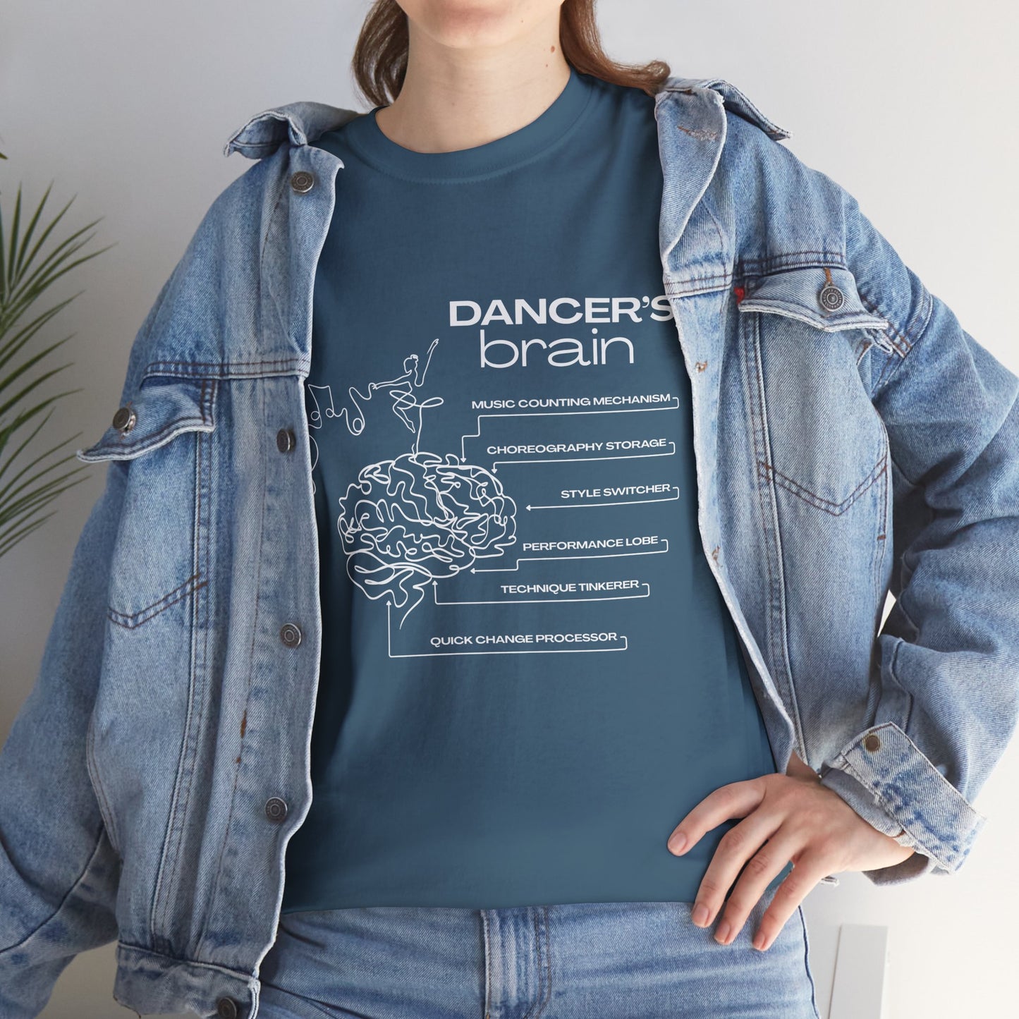 “Dancer’s Brain” Funny Dance Anatomy T-Shirt – Unisex Heavy Cotton Tee with Cute Dancer Brain Diagram and Optional Back Personalization
