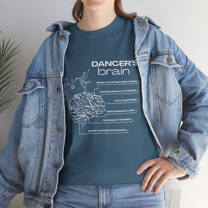 “Dancer’s Brain” Funny Dance Anatomy T-Shirt – Unisex Heavy Cotton Tee with Cute Dancer Brain Diagram and Optional Back Personalization
