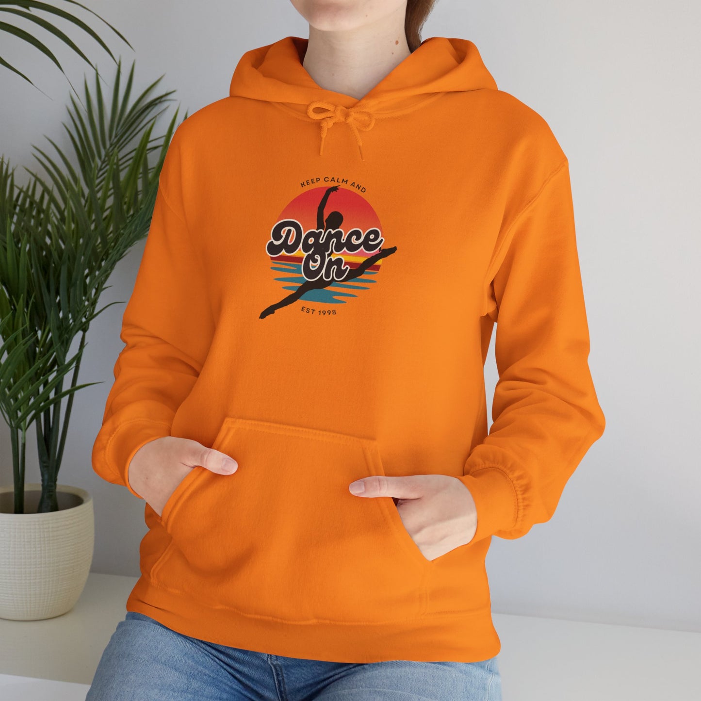 “Keep Calm and Dance On” Retro Hoodie – Unisex Dance-Inspired Hooded Sweatshirt for Dancers & Movement Lovers