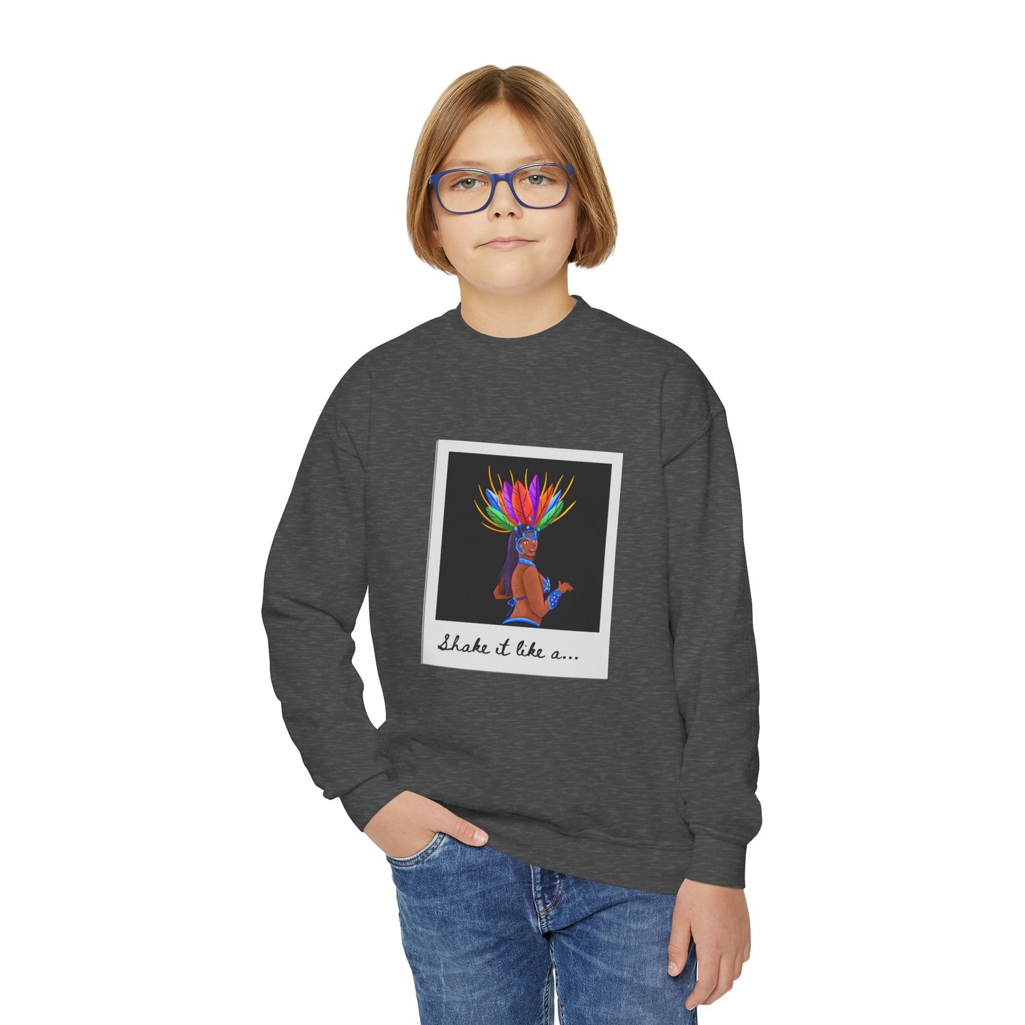"Shake It Like a..." Youth Crewneck Sweatshirt – Carnival-Inspired Samba Dancer Graphic Pullover for Kids and Teens
