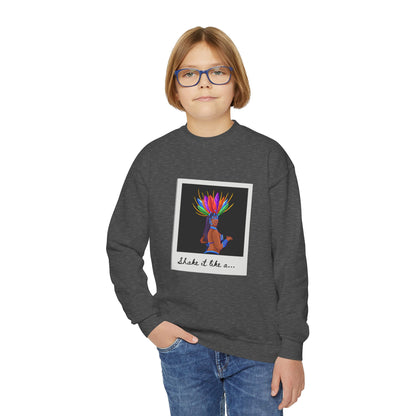 "Shake It Like a..." Youth Crewneck Sweatshirt – Carnival-Inspired Samba Dancer Graphic Pullover for Kids and Teens