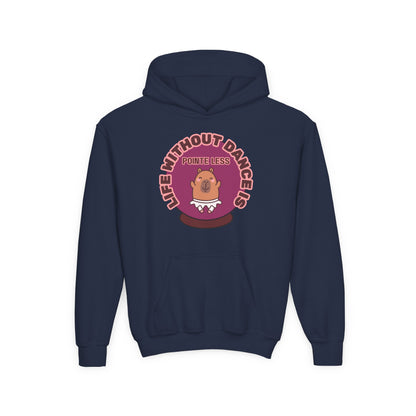 "Life Without Dance Is Pointeless" Youth Hooded Sweatshirt – Cute Dancing Capybara Graphic Hoodie for Kids and Teens